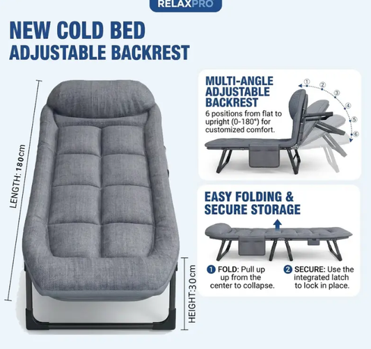 6-Position Adjustable Folding Bed – Steel Frame & Padded Mattress for Office Naps & Camping