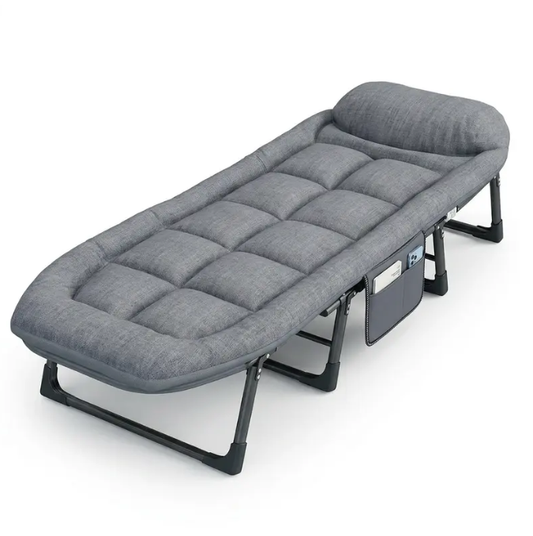 6-Position Adjustable Folding Bed – Steel Frame & Padded Mattress for Office Naps & Camping