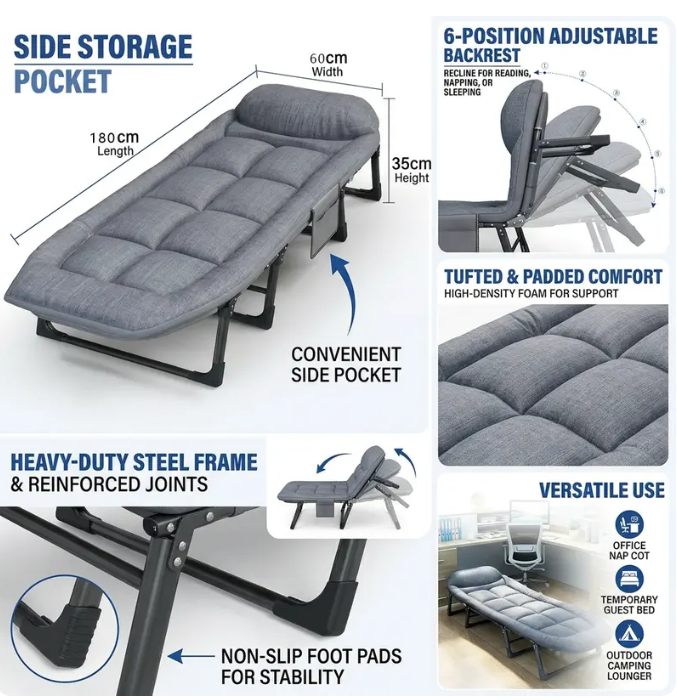 6-Position Adjustable Folding Bed – Steel Frame & Padded Mattress for Office Naps & Camping