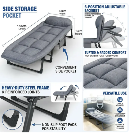 6-Position Adjustable Folding Bed – Steel Frame & Padded Mattress for Office Naps & Camping