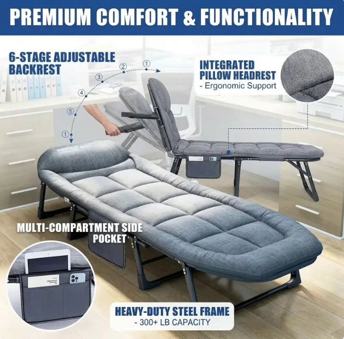6-Position Adjustable Folding Bed – Steel Frame & Padded Mattress for Office Naps & Camping