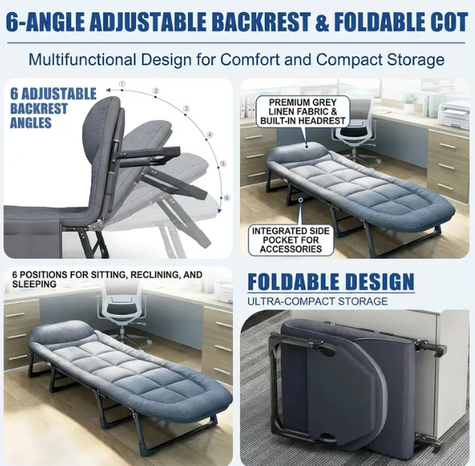 6-Position Adjustable Folding Bed – Steel Frame & Padded Mattress for Office Naps & Camping