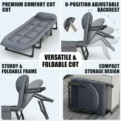 6-Position Adjustable Folding Bed – Steel Frame & Padded Mattress for Office Naps & Camping