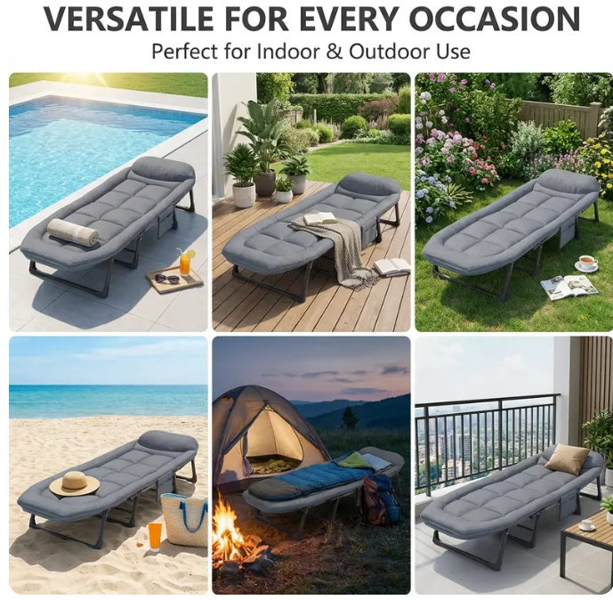 6-Position Adjustable Folding Bed – Steel Frame & Padded Mattress for Office Naps & Camping